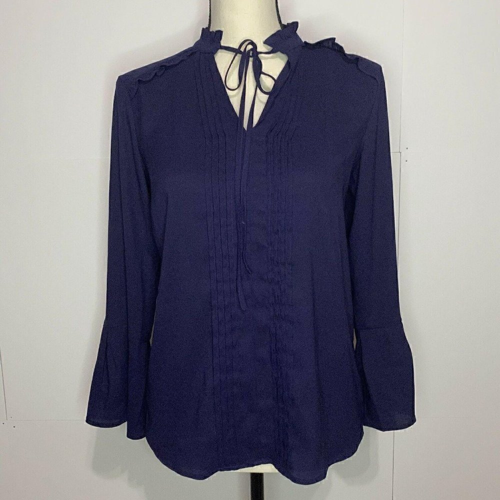 Ann Taylor Petite XXSP Tie Neck Blouse Long Sleeve Navy Bell Sleeve